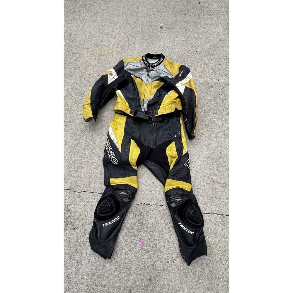 TEKNIC US Biker Motorcycle Suit Mens 52 Black Yellow Leather Set Pants Jacket